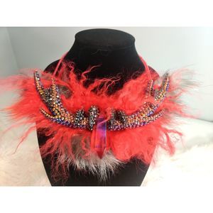 Ruby Red Aura Angel Clear Quartz Deer Antler Necklace w Mongolian & Fox Fur